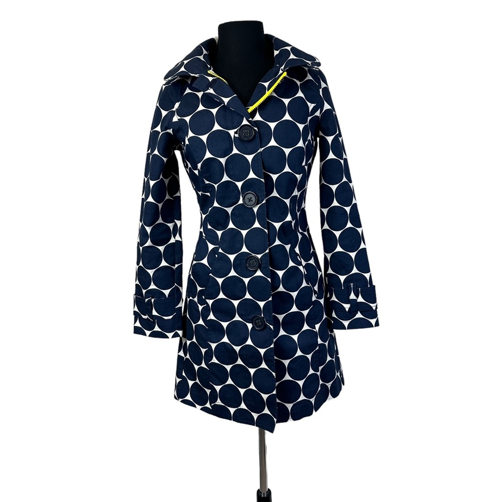 Boden Long Polka Dot Hooded Rain Trench Coat Navy Blue White 2